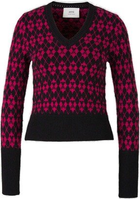 De Coeur Argyle Knitted V-Neck Jumper