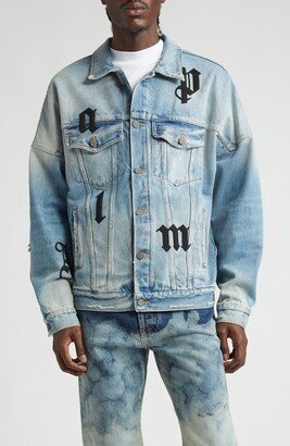 Leather Logo Patch Distressed Denim Trucker Jacket