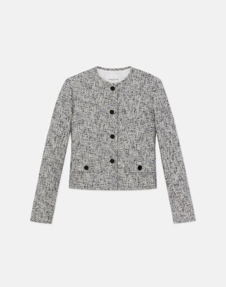 Plus Size Linen Cotton Boucle Tweed Collarless Buttoned Jacket