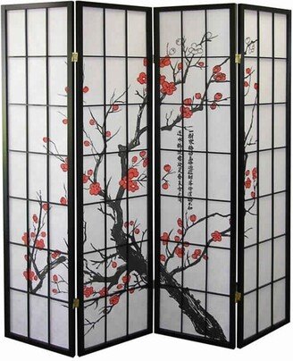 Plum Blossom Print Wood and Paper 4 Panel Room Divider - 70 H x 1 W x 60 L Inches