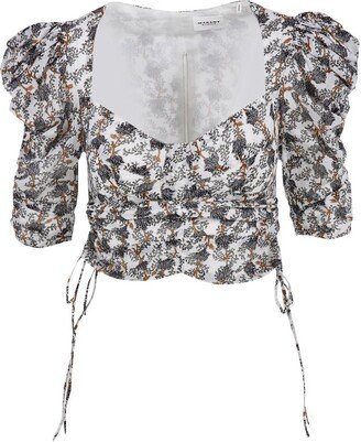 Floral-Printed Puff-Sleeved Cropped Top