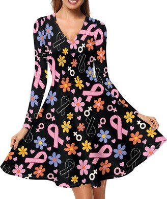 Glomenade Breast Cancer Awareness Daisy Womens Skater Dresses V-Neck Elegant Party Midi Dress Long Sleeve Hide Belly Sundress Swing Dress