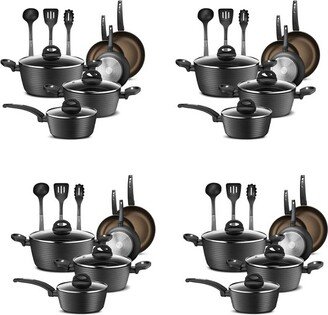 Metallic Ridge Line Nonstick Cooking Kitchen Cookware Pots and Pan Set with with Lids and Utensils, 12 Piece Set, Gray (4 Pack)