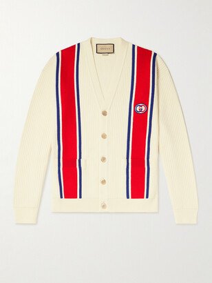 Logo-Appliquéd Striped Ribbed Cotton Cardigan