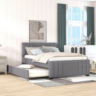 EDWINRAY Full Upholstered Platform Bed with Trundle & Tufted Headboard, Grey