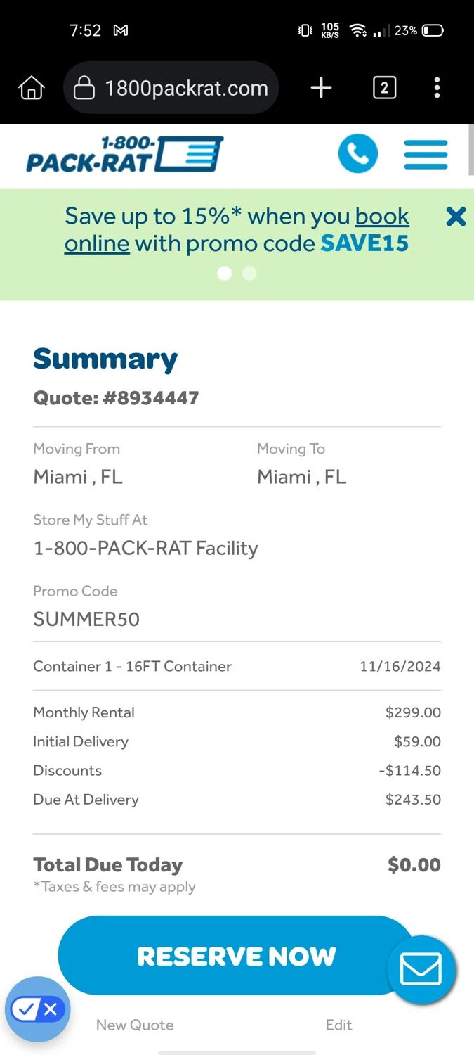 where to use 1-800-PACK-RAT promo code box