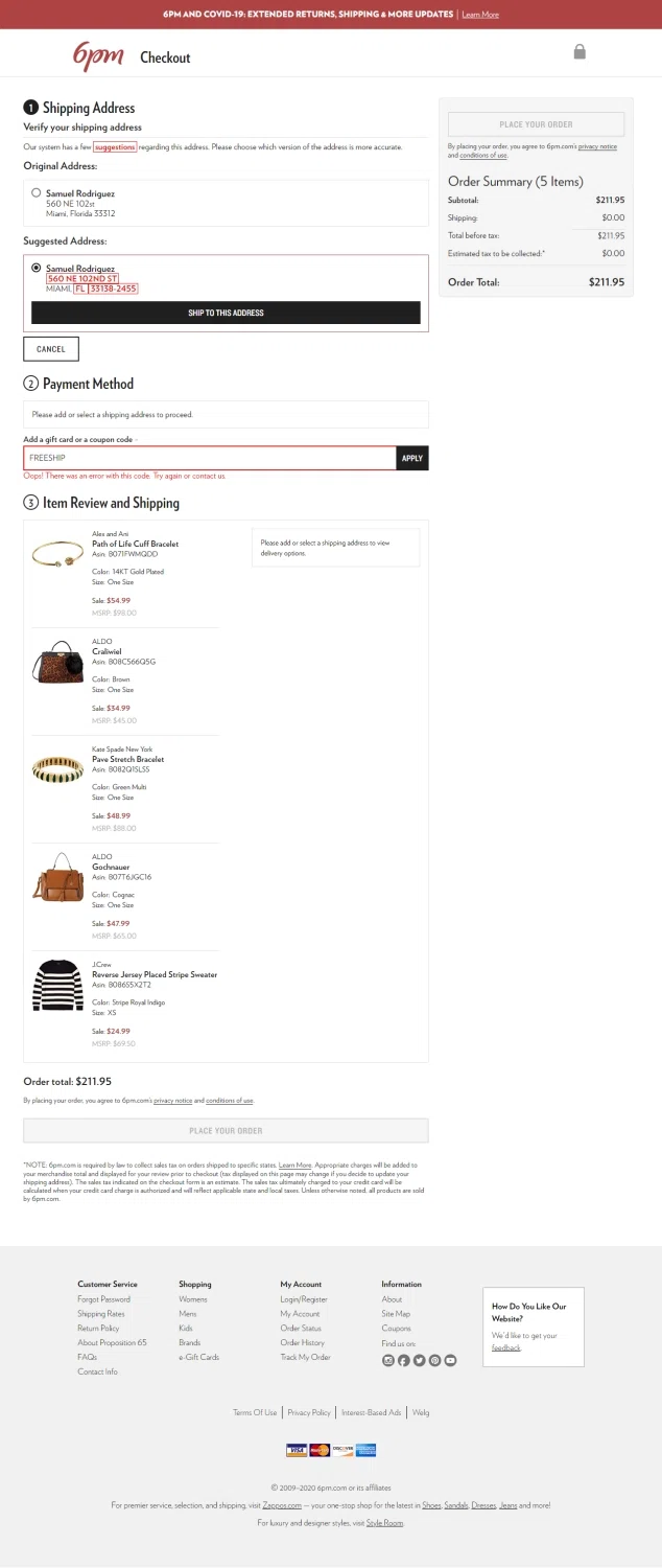 where to use 6PM promo code box