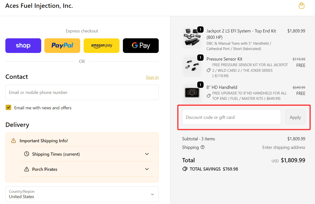 where to use Aces Fuel Injection promo code box