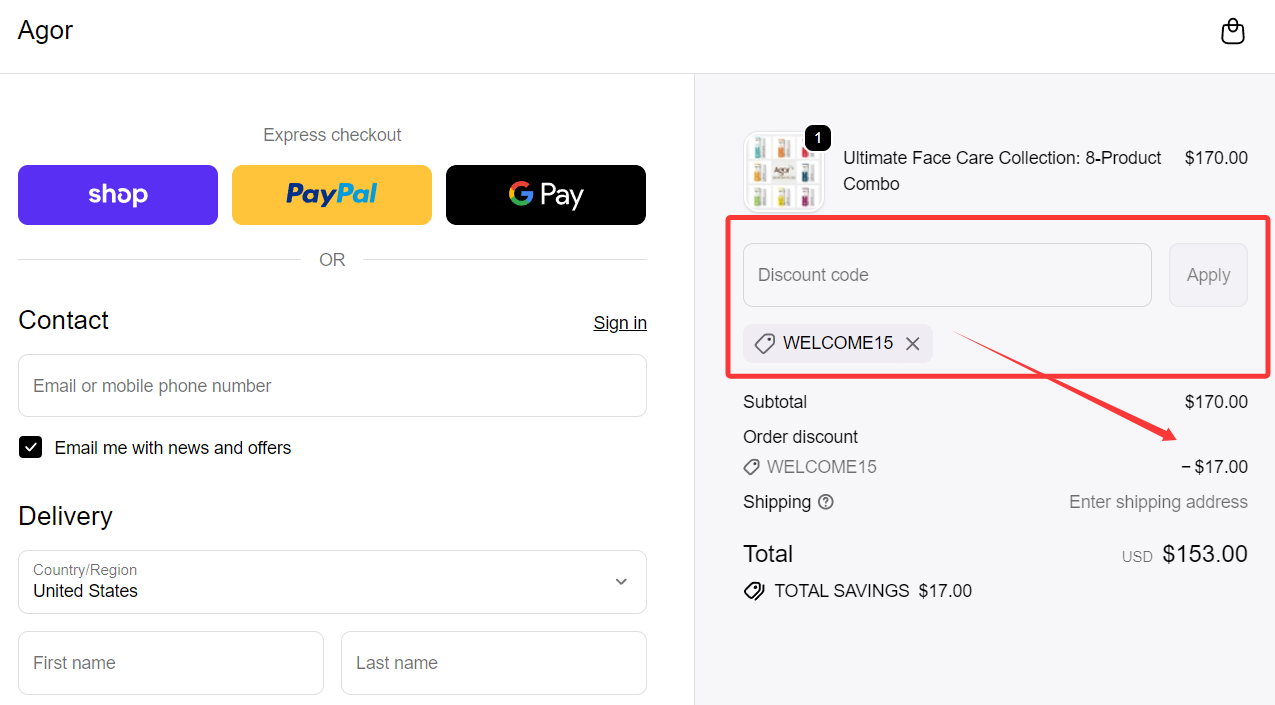 where to use Agor promo code box