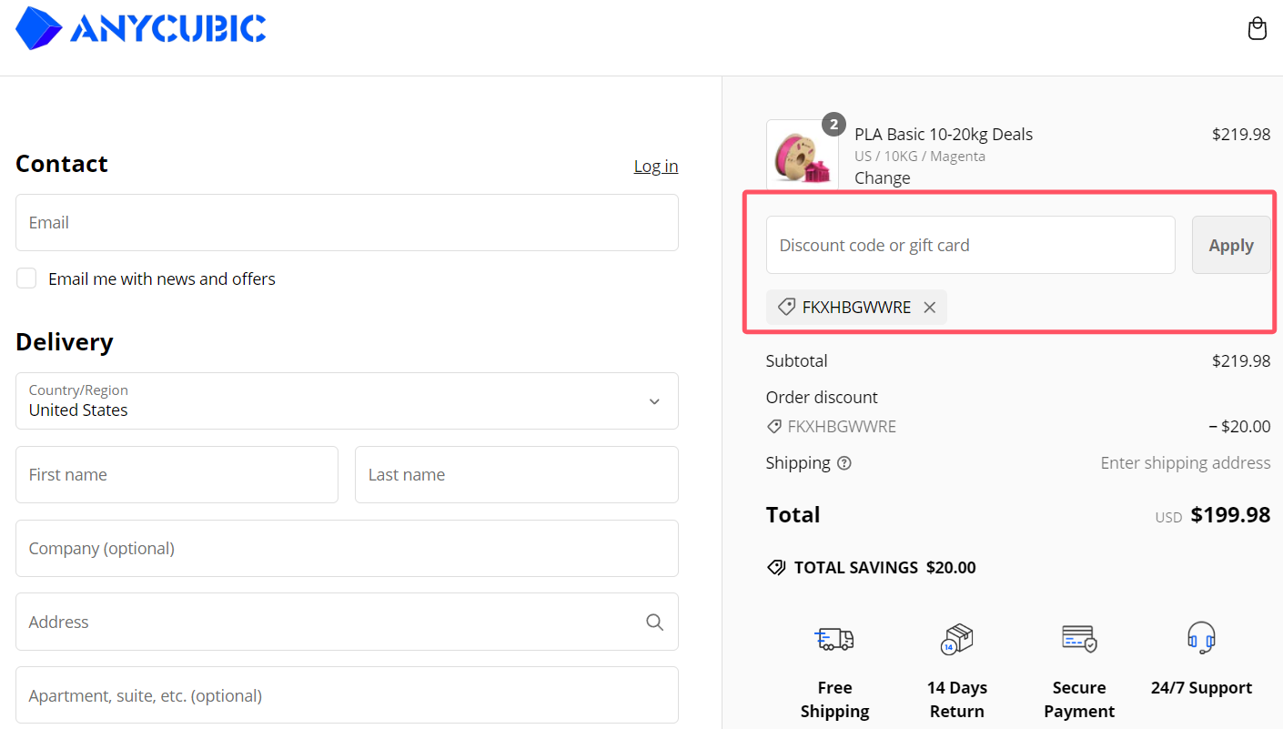 where to use Anycubic promo code box