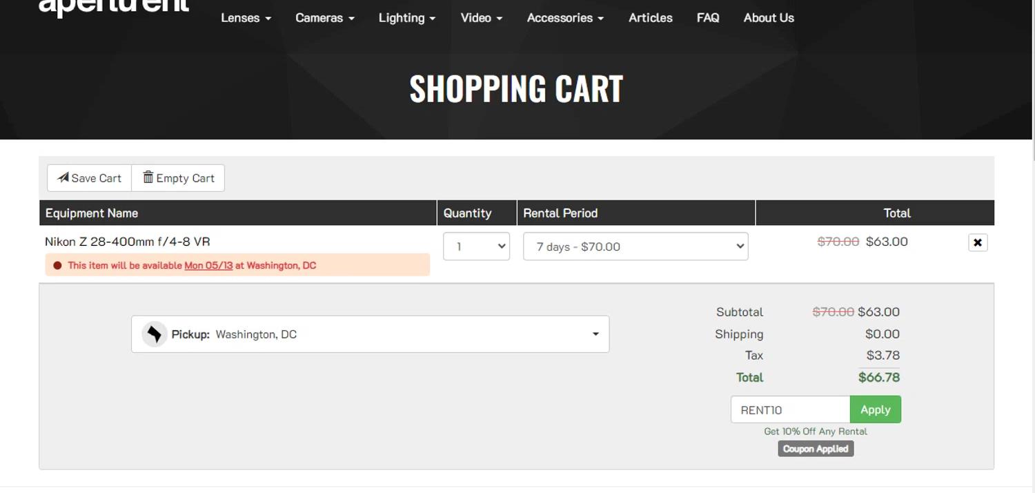 where to use Aperturent.com promo code box