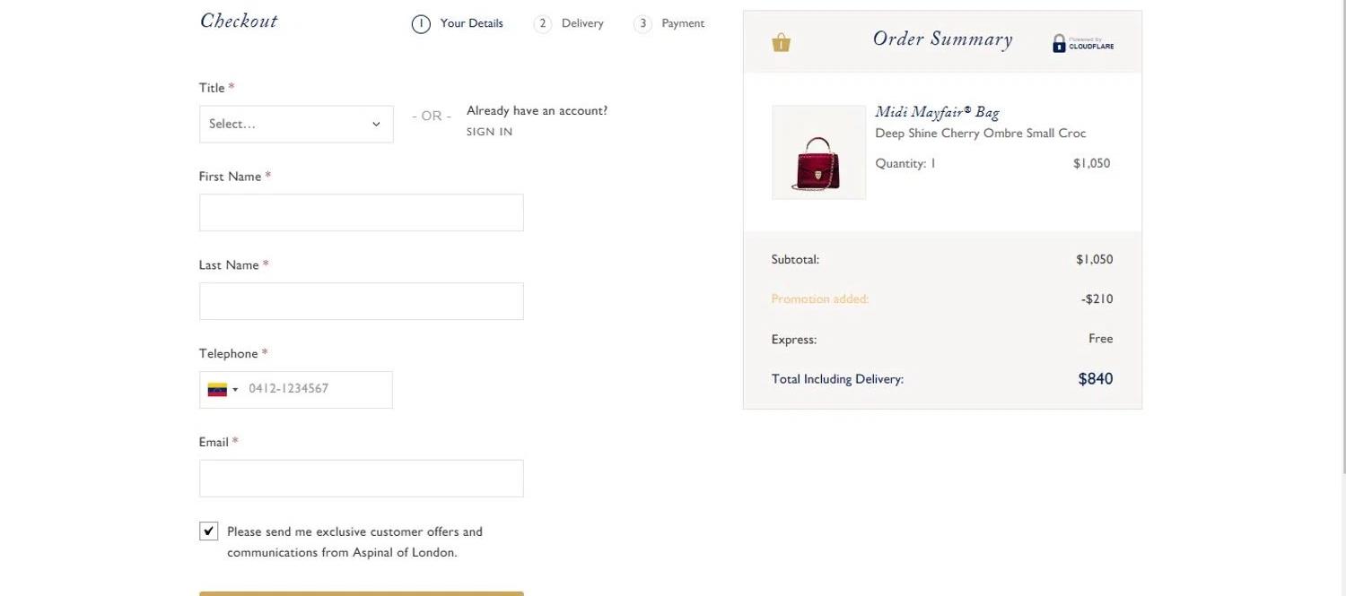 where to use Aspinal of London promo code box