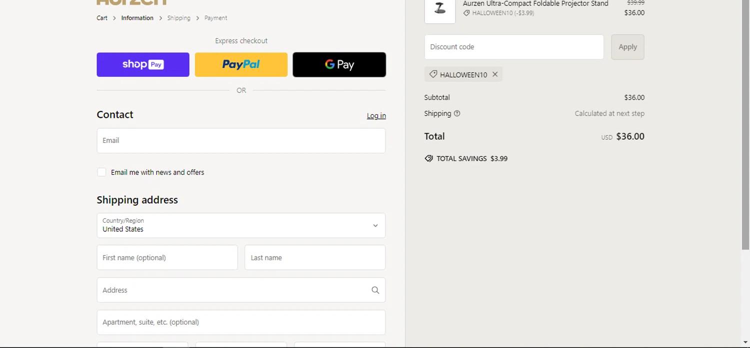 where to use Aurzen promo code box
