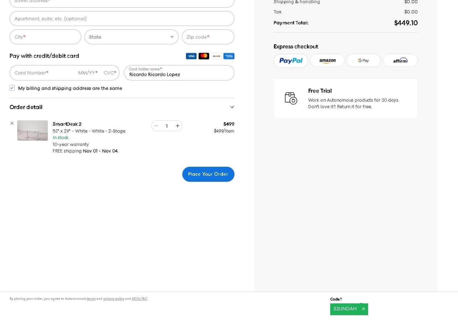 where to use Autonomous promo code box