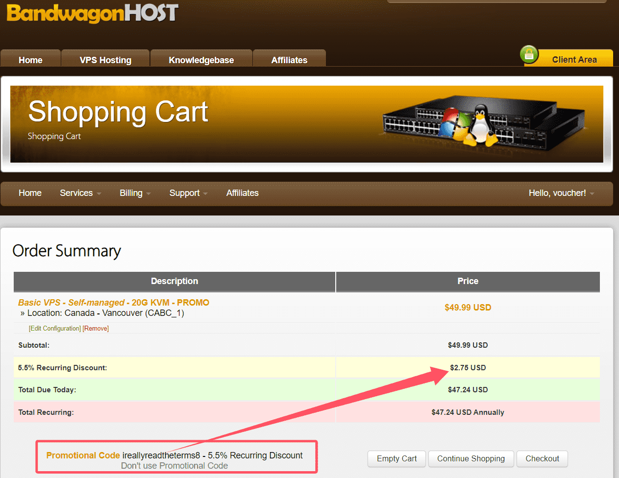 where to use BandwagonHost promo code box