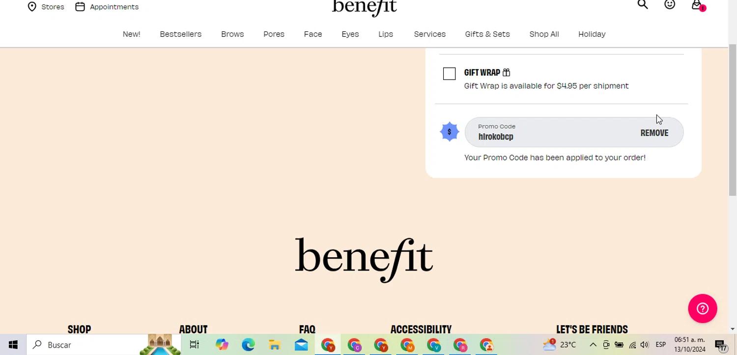 where to use Benefit Cosmetics promo code box