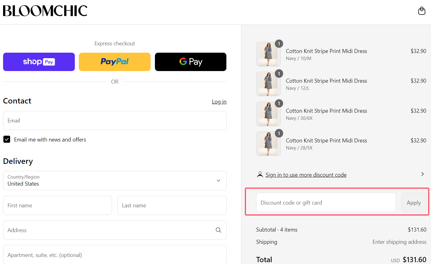 where to use Bloomchic promo code box
