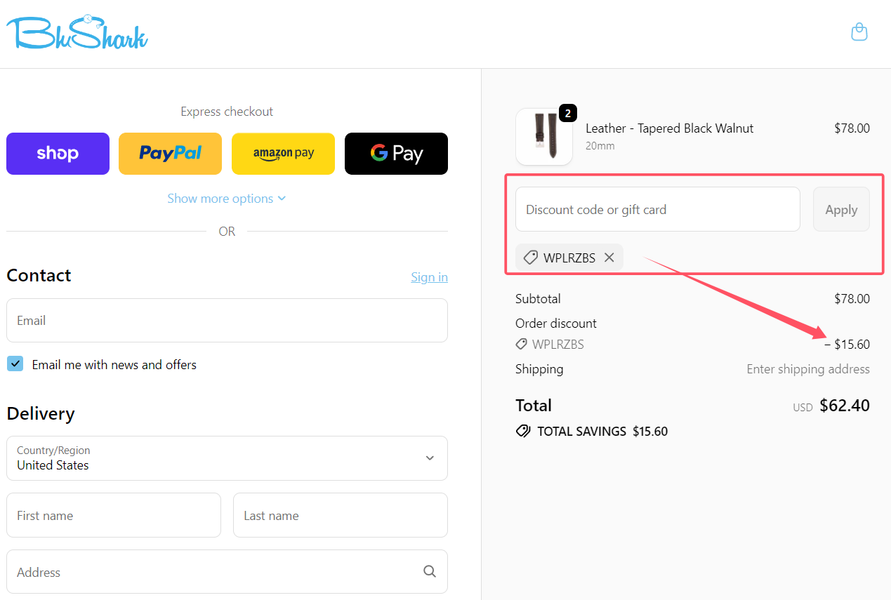 where to use BluShark promo code box