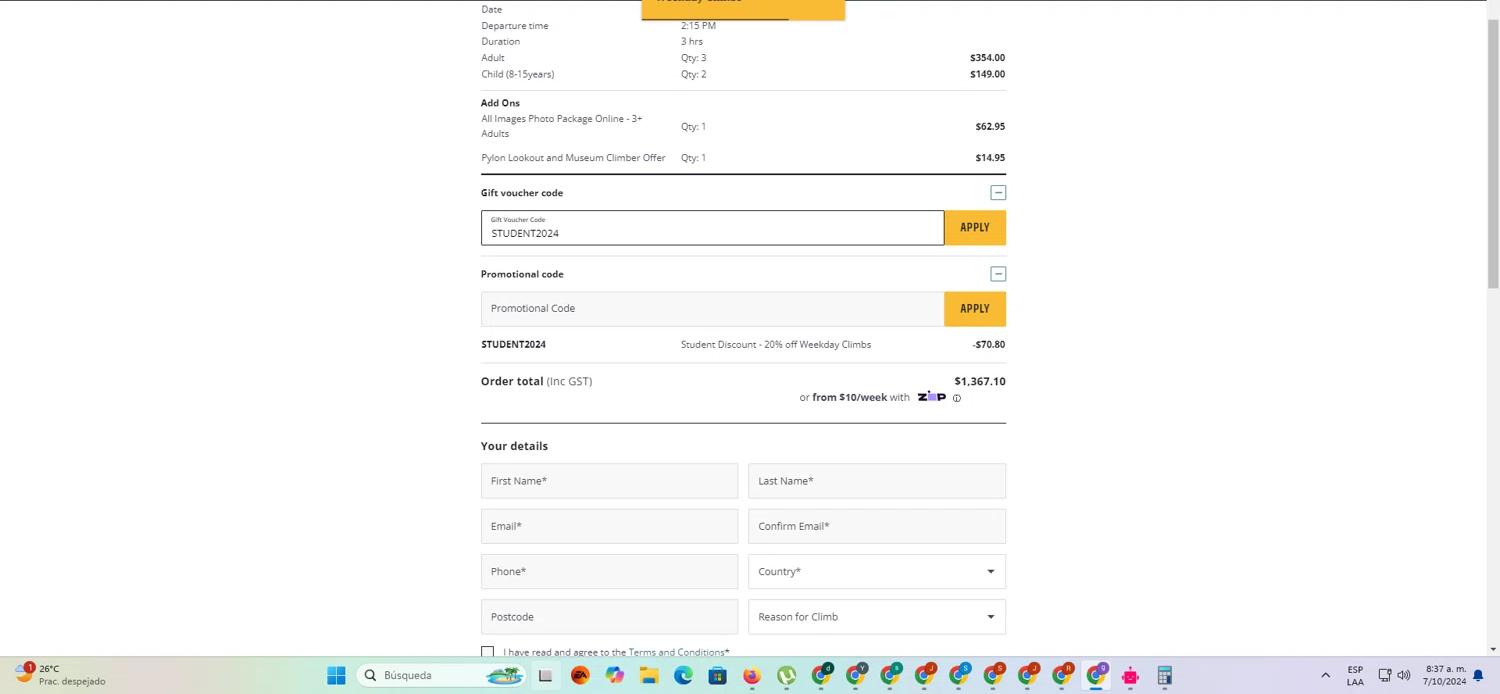where to use BridgeClimb Sydney promo code box