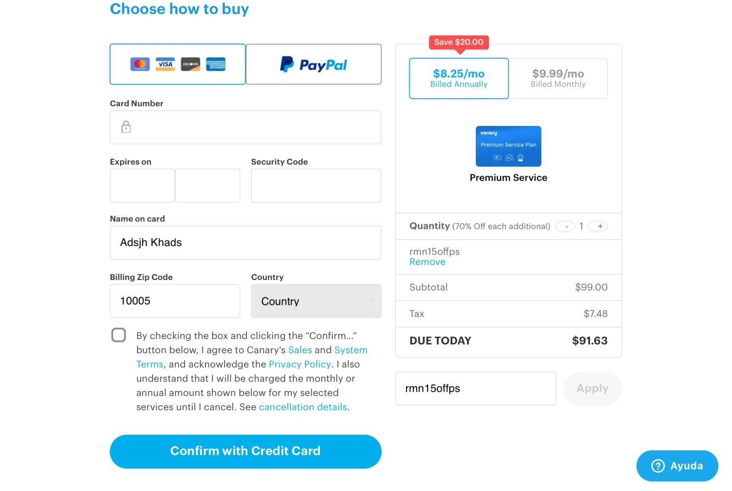 where to use Canary promo code box