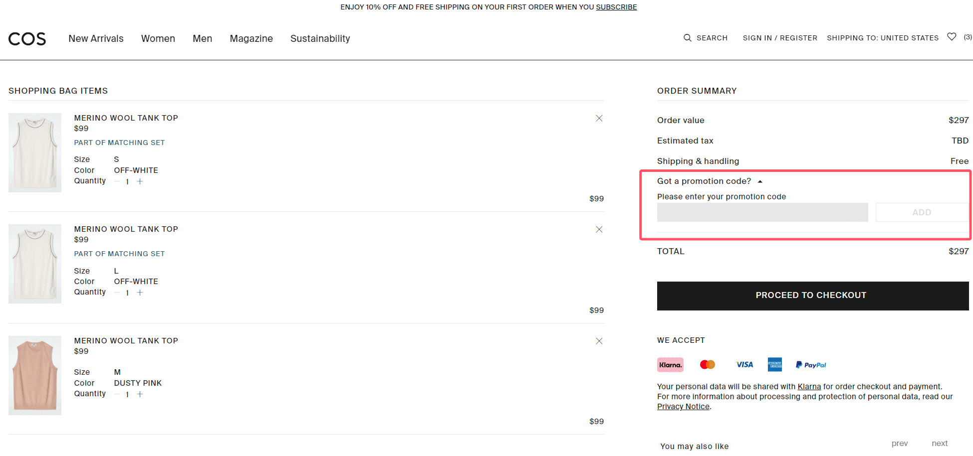 where to use COS promo code box