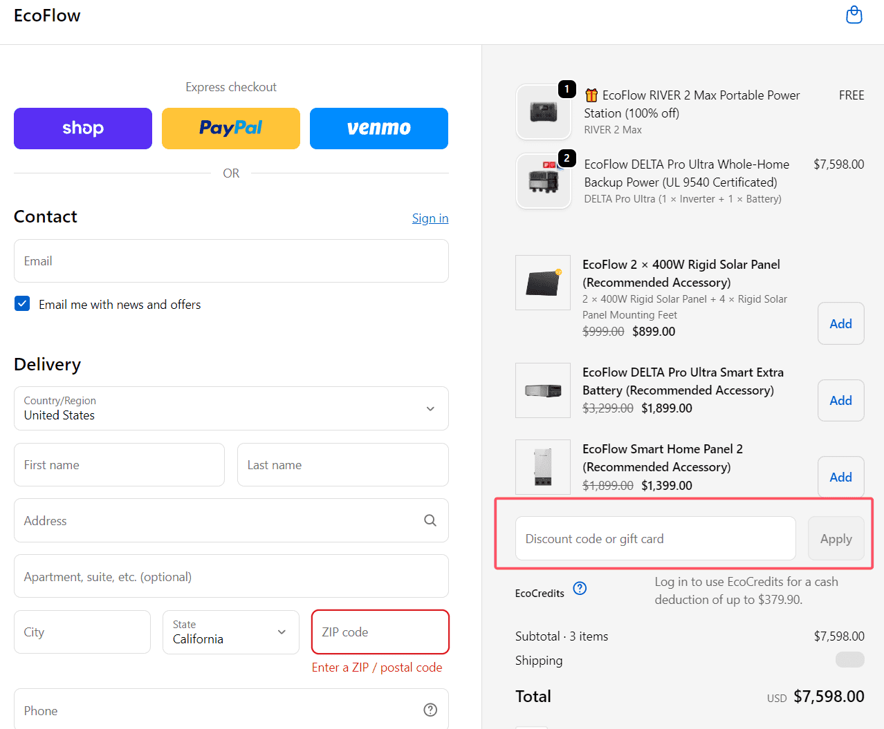 where to use EcoFlow promo code box