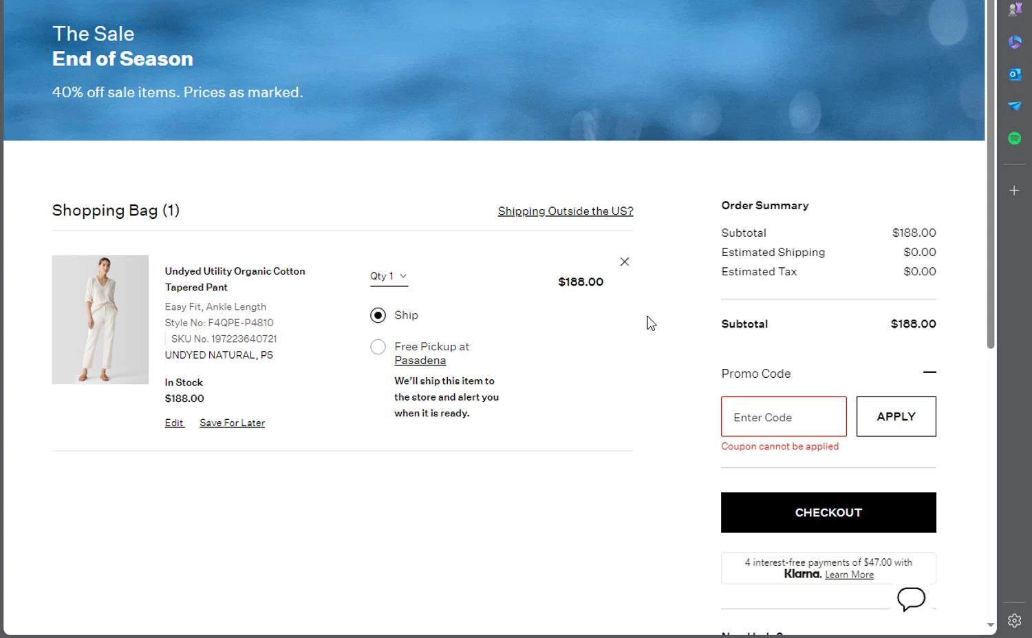 where to use Eileen Fisher promo code box