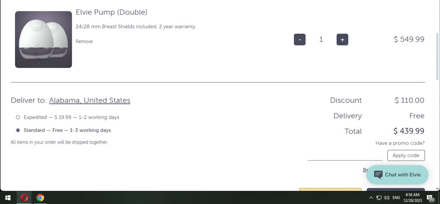 where to use Elvie promo code box