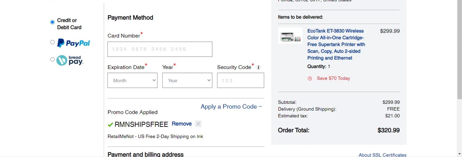 where to use Epson promo code box