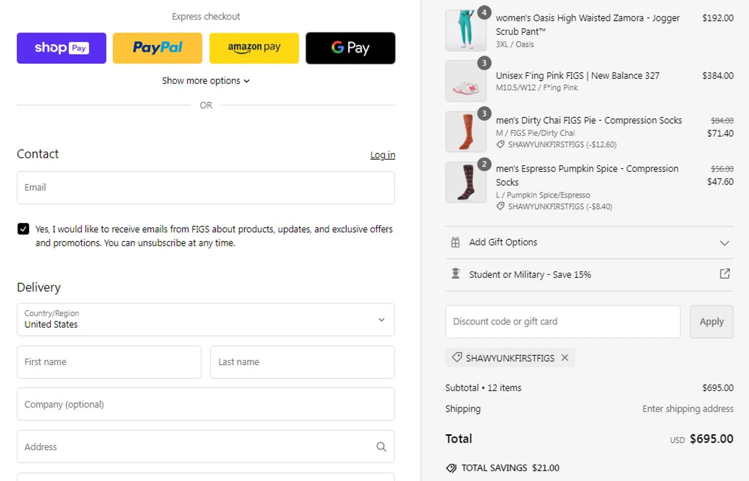 where to use FIGS promo code box