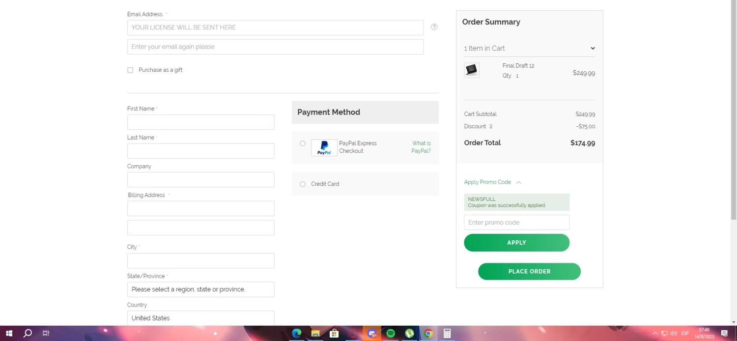 where to use Final Draft promo code box