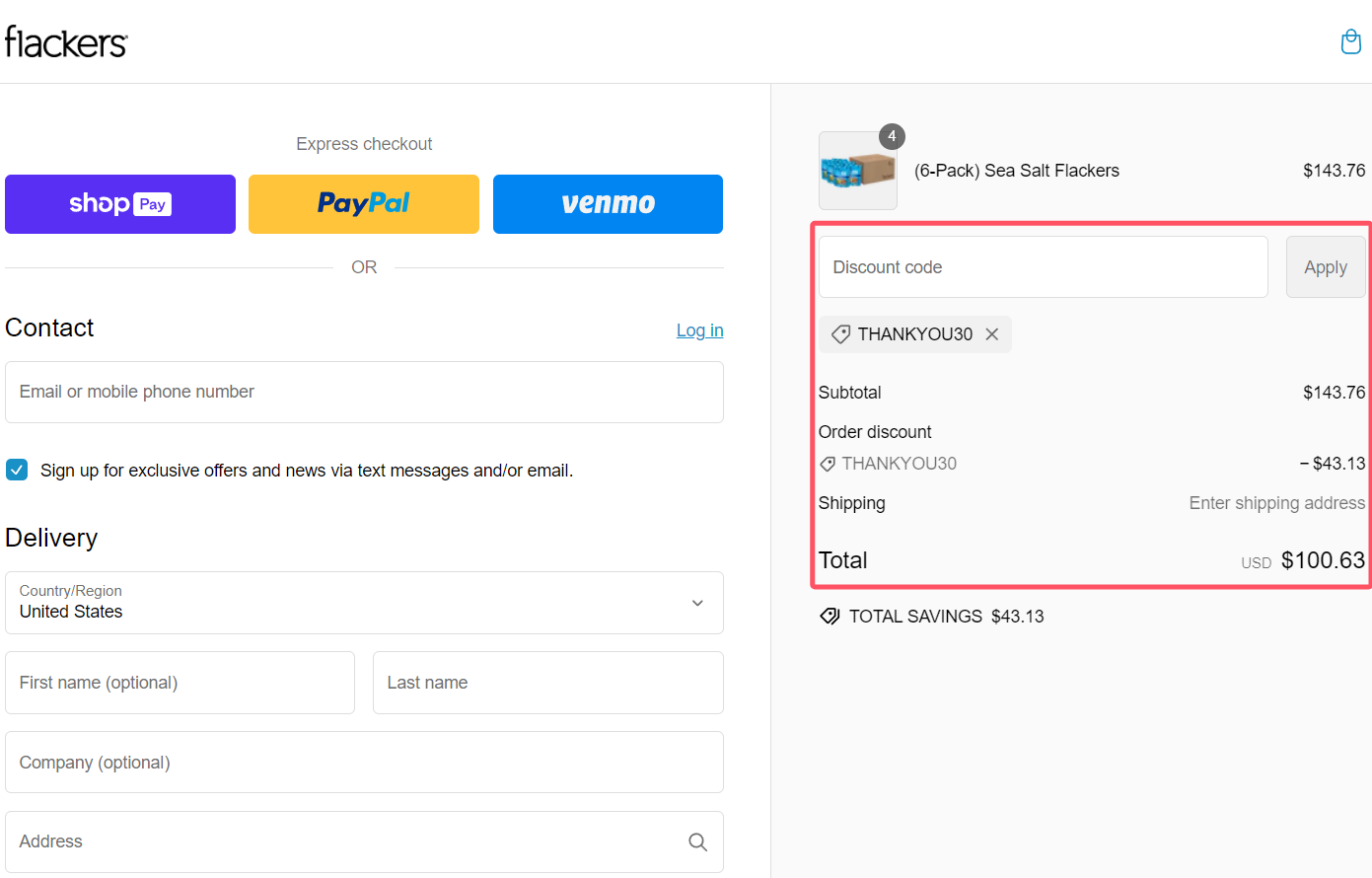 where to use Flackers promo code box