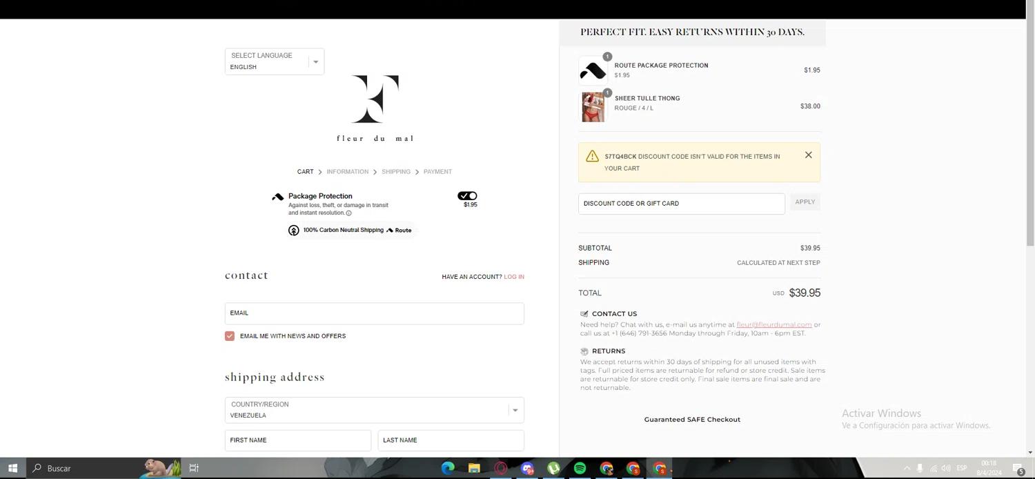 where to use Fleur Du Mal promo code box