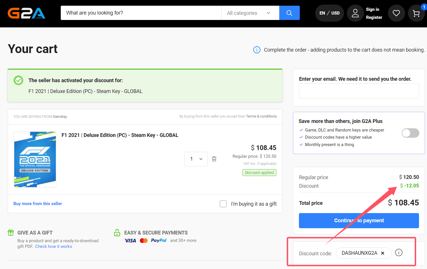 where to use G2A promo code box