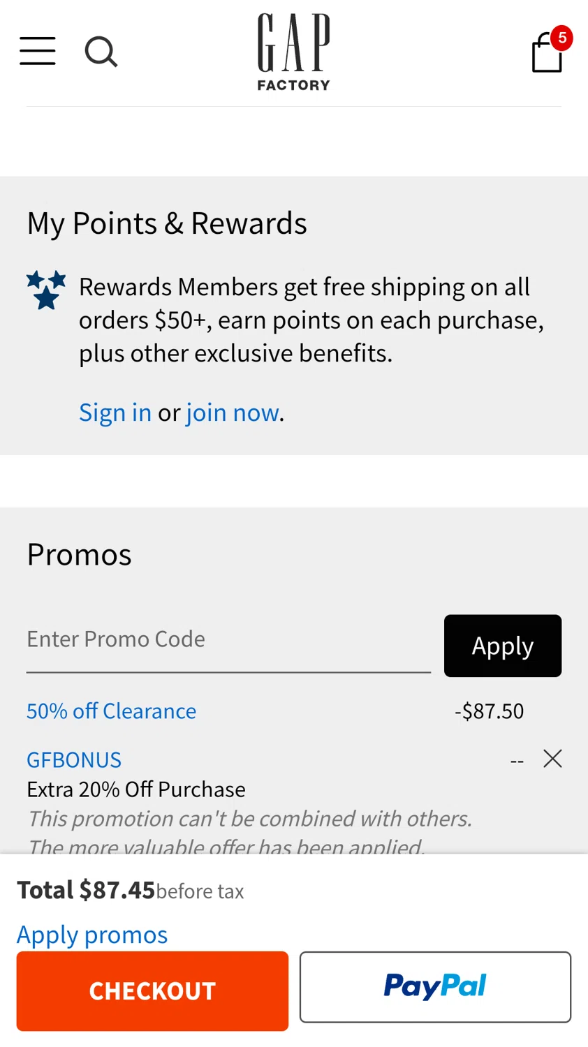 where to use Gap Factory promo code box