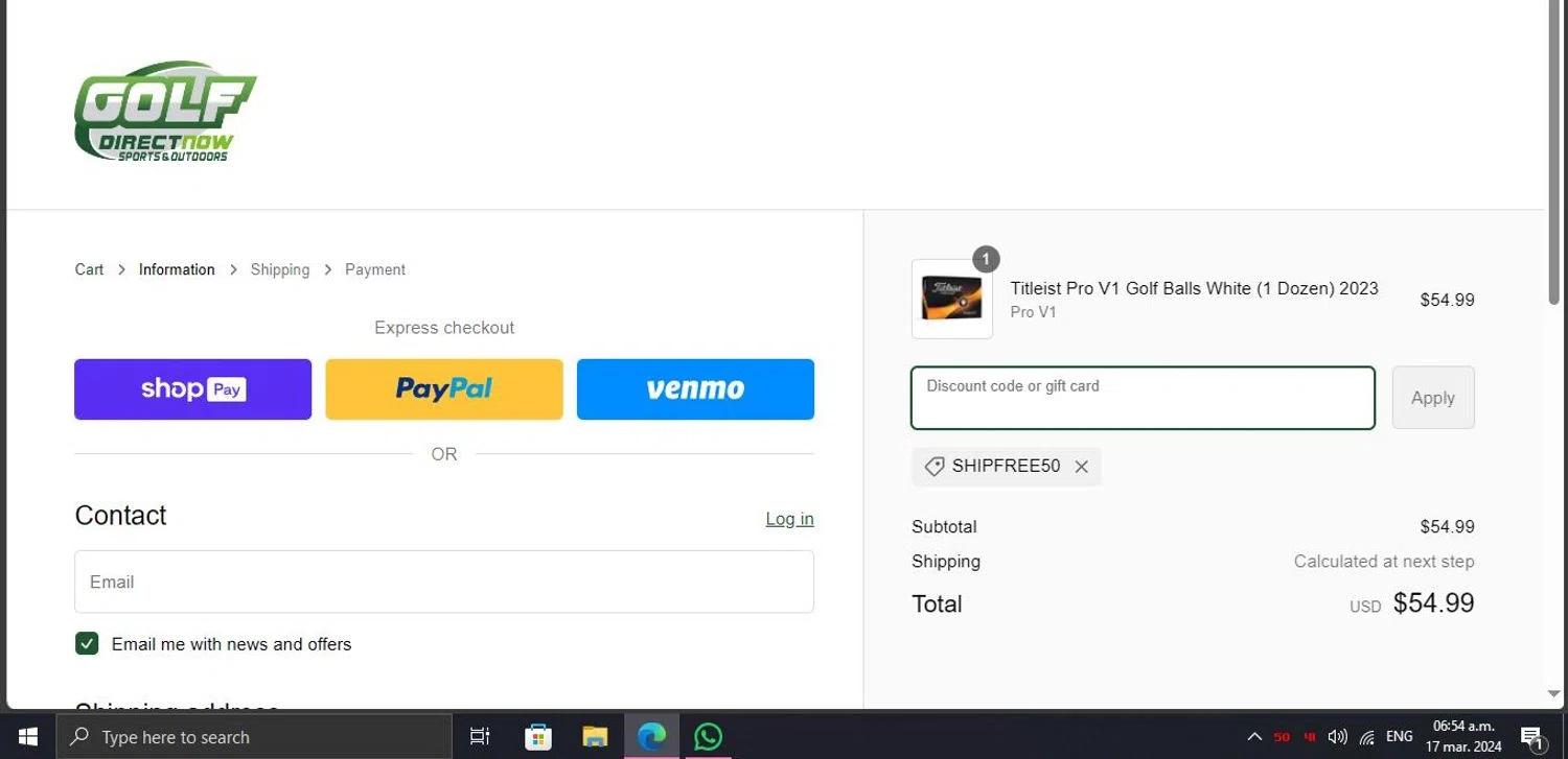 where to use Golf Direct Now promo code box