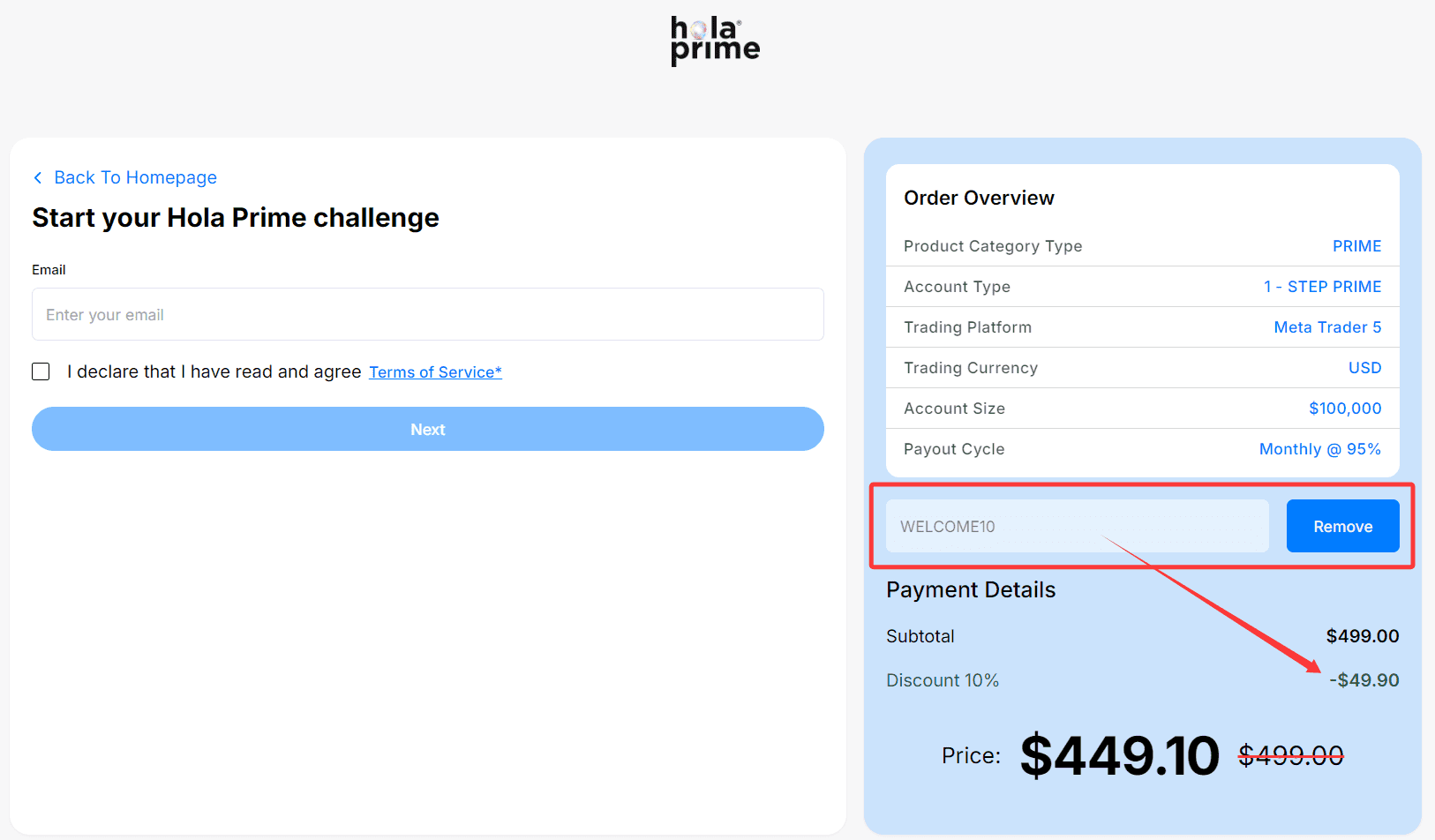 where to use Hola Prime promo code box