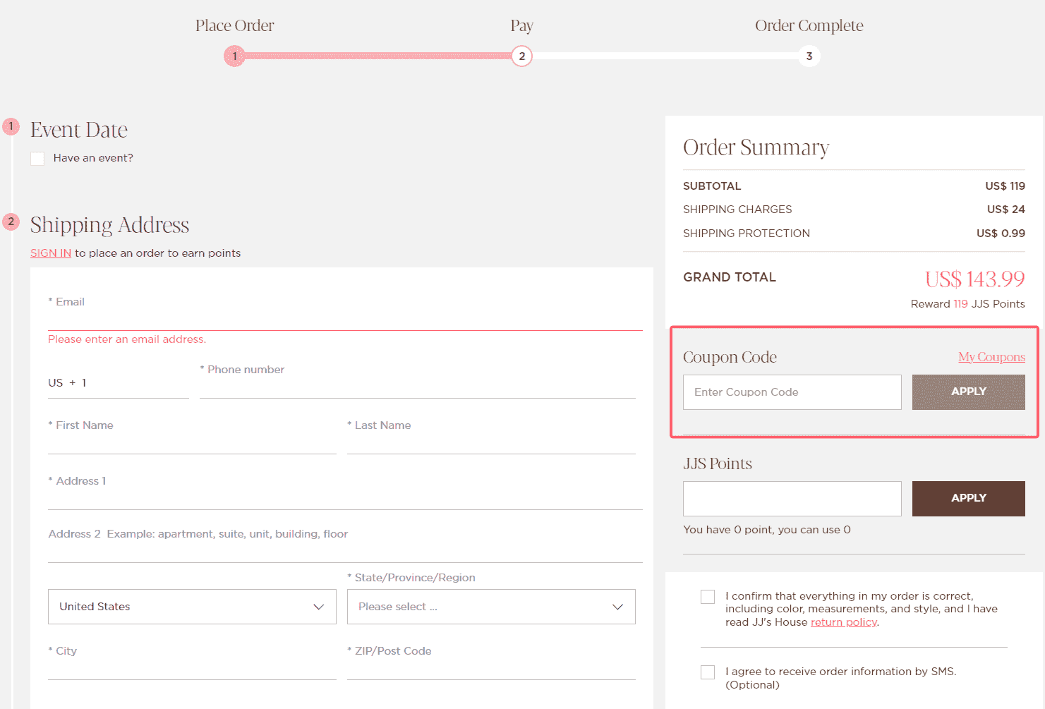 where to use JJsHouse promo code box