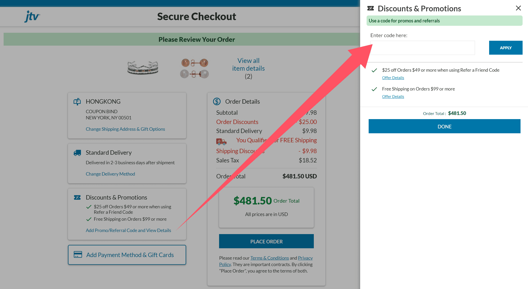 where to use JTV promo code box