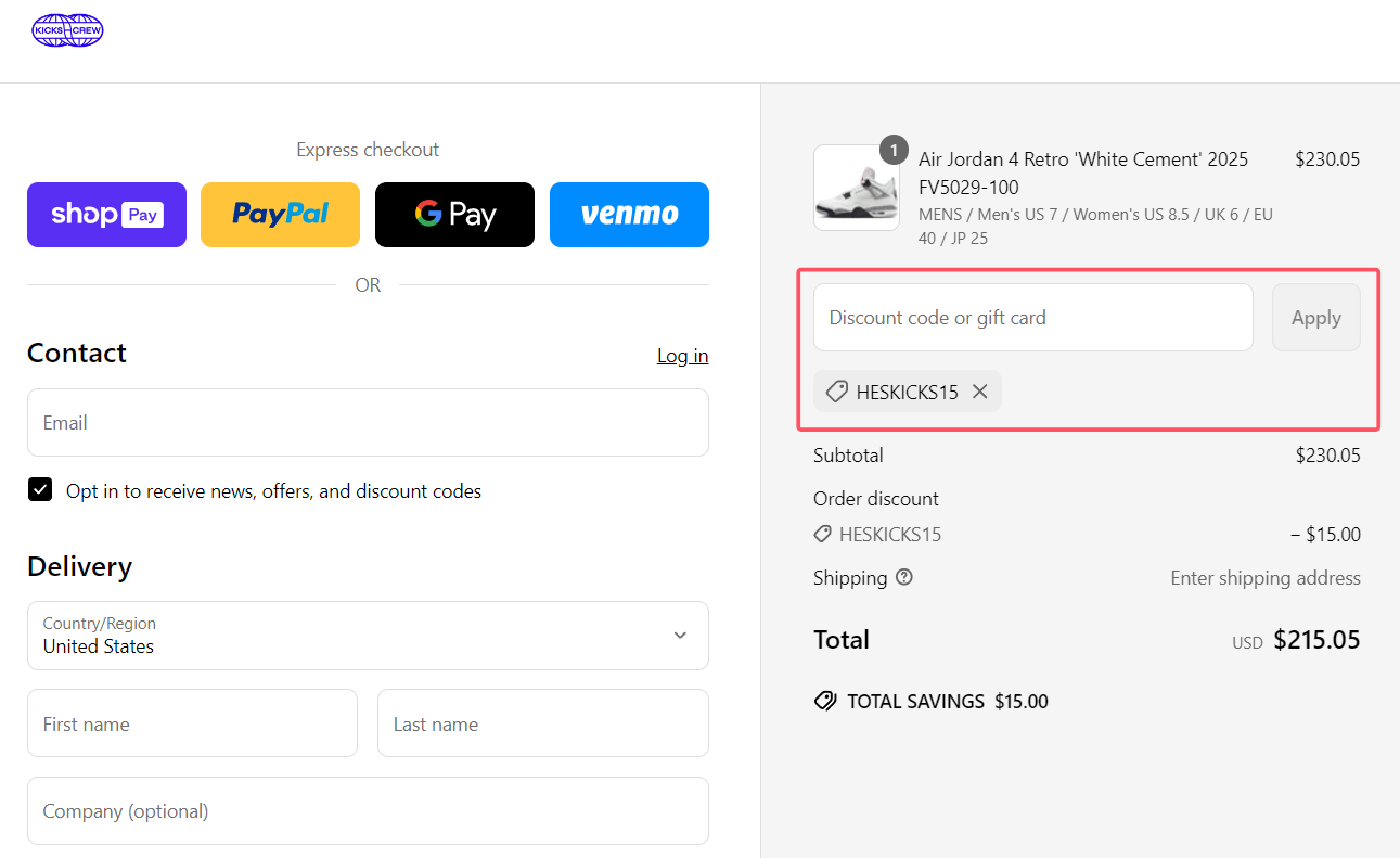where to use KicksCrew promo code box