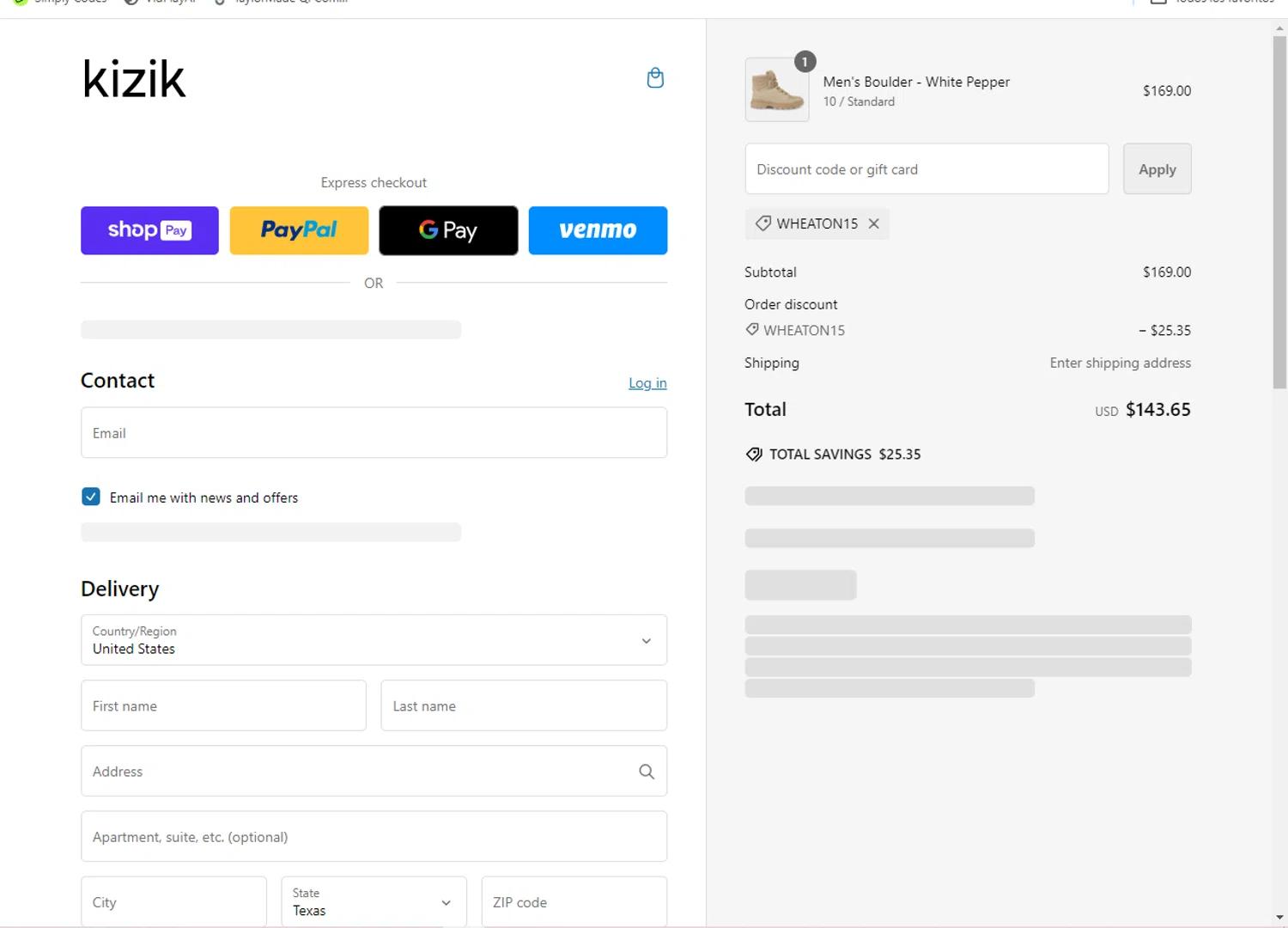 where to use KIZIK promo code box