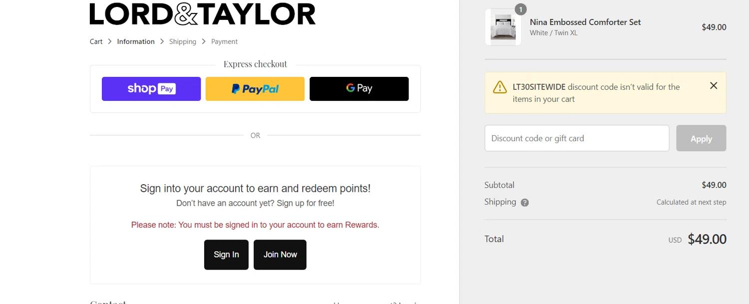 where to use Lord & Taylor promo code box