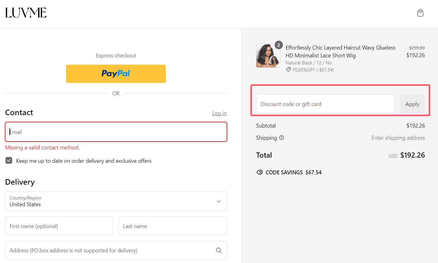where to use Luvme Hair promo code box
