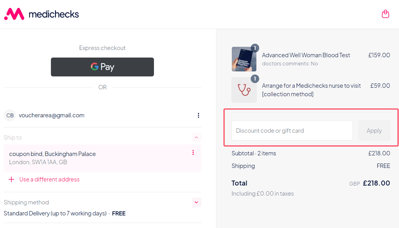 where to use Medichecks promo code box