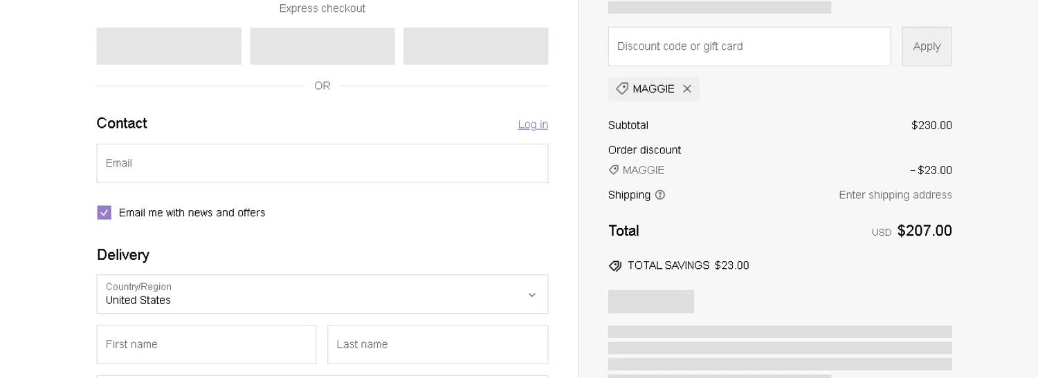 where to use Melinda Maria promo code box