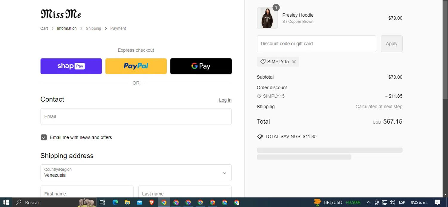 where to use Miss Me promo code box