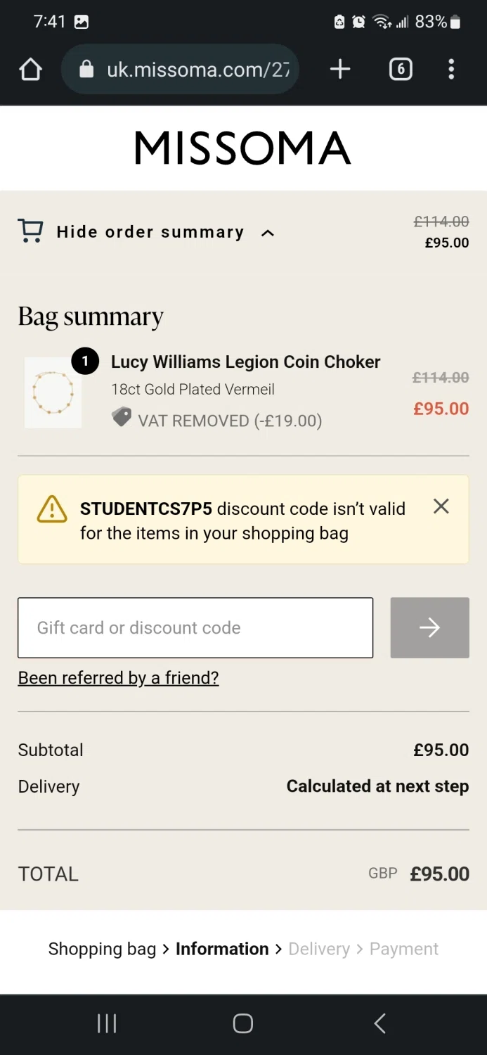 where to use Missoma promo code box