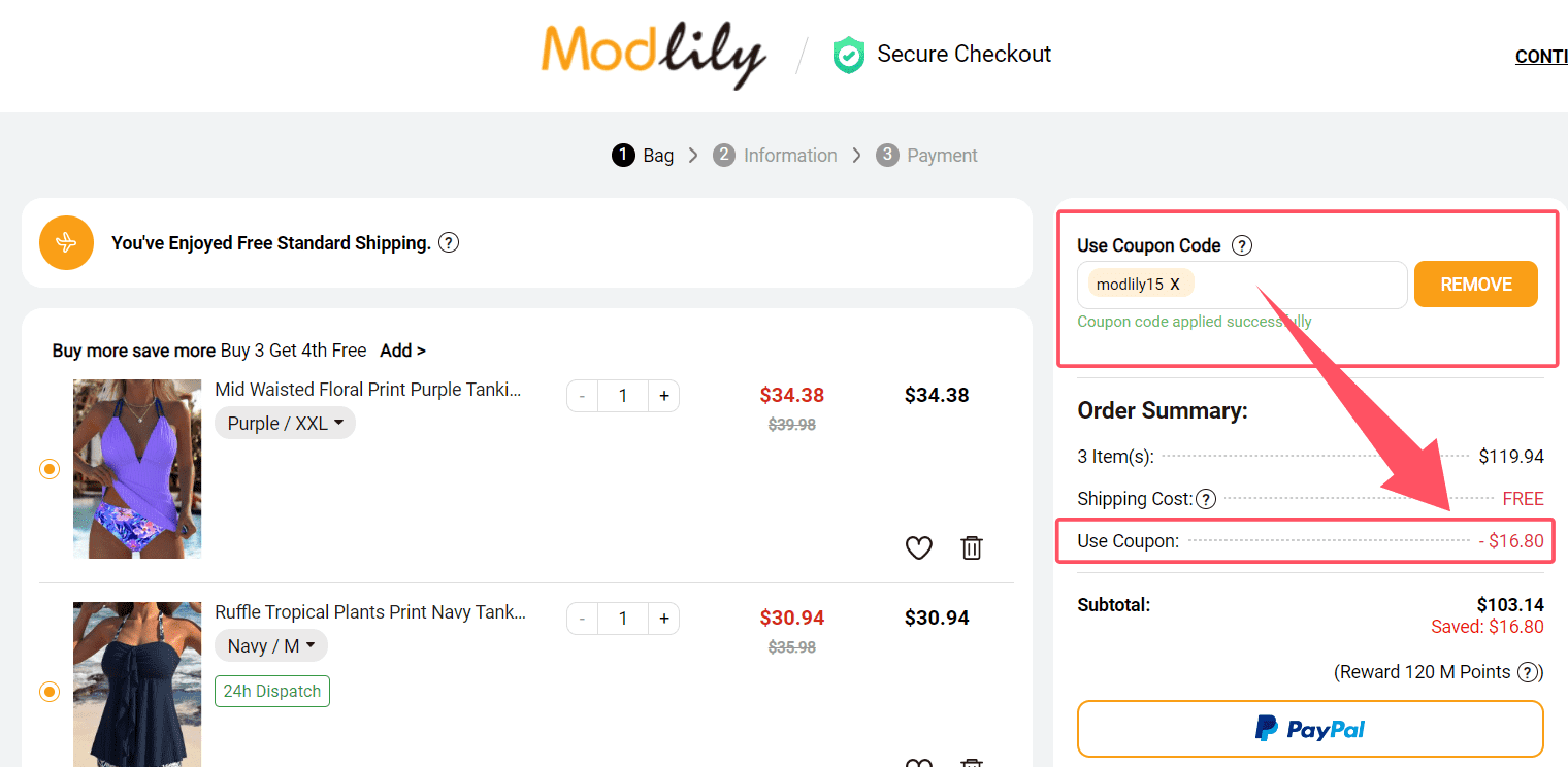 where to use Modlily promo code box