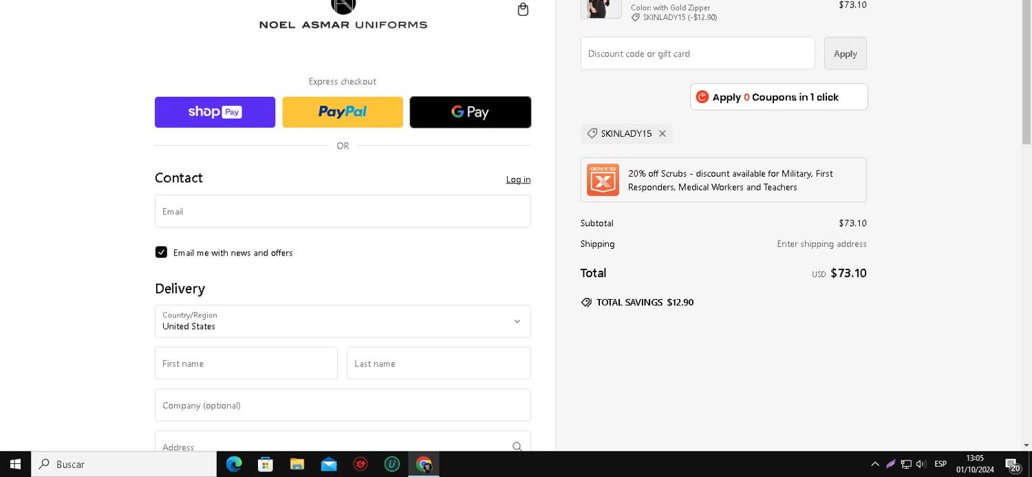where to use Noel Asmar Uniforms promo code box