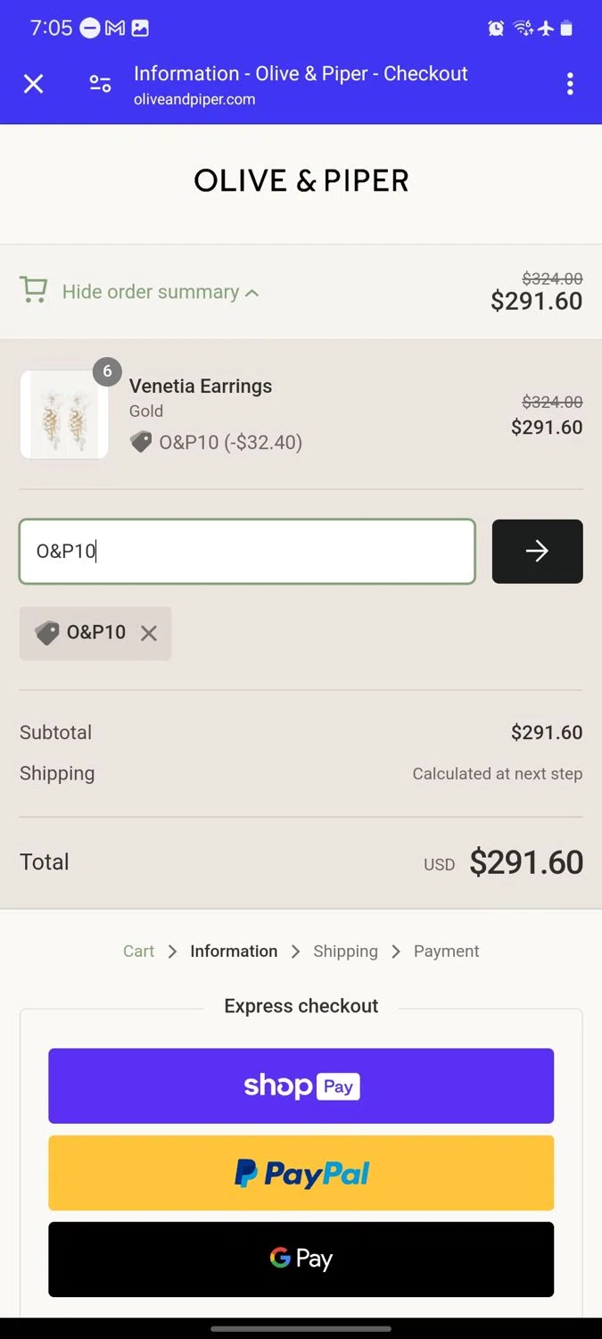 where to use Olive & Piper promo code box